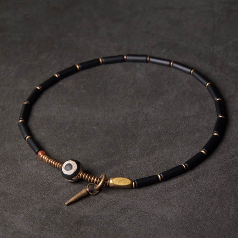 Nimara Ritual Black Onyx Copper Dzi Bead Cone Pendant Double Wrap Protection Bracelet