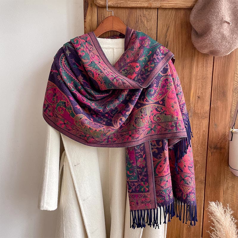 Nimara Ritual Tibetan Cashew Flowers Vine Pattern Tassels Shawl Fall Winter Soft Scarf Wrap