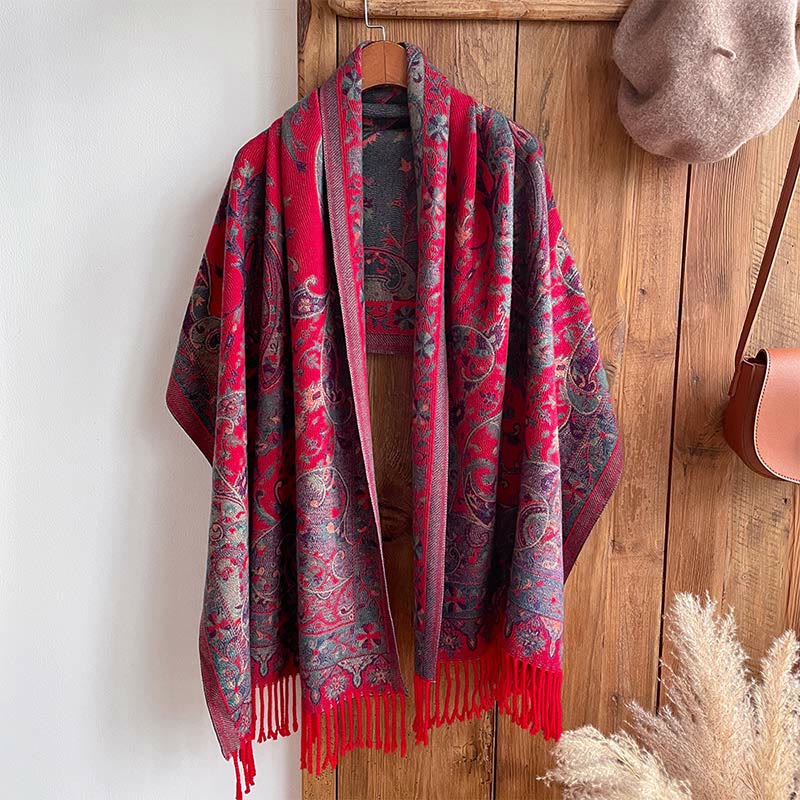 Nimara Ritual Tibetan Cashew Flowers Vine Pattern Tassels Shawl Fall Winter Soft Scarf Wrap
