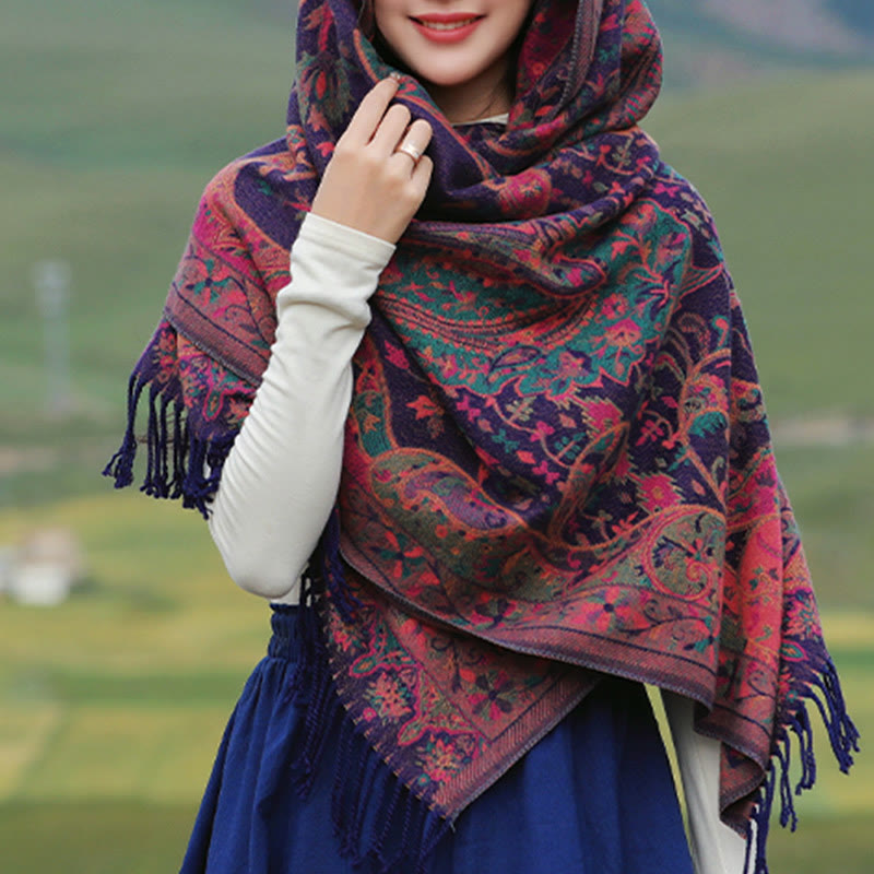Nimara Ritual Tibetan Cashew Flowers Vine Pattern Tassels Shawl Fall Winter Soft Scarf Wrap