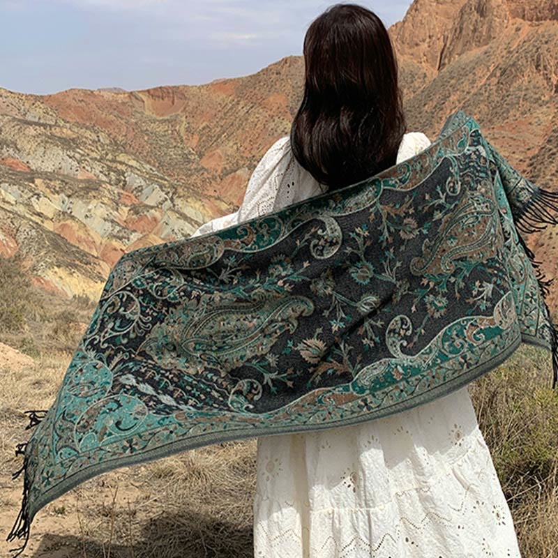 Nimara Ritual Tibetan Cashew Flowers Vine Pattern Tassels Shawl Fall Winter Soft Scarf Wrap