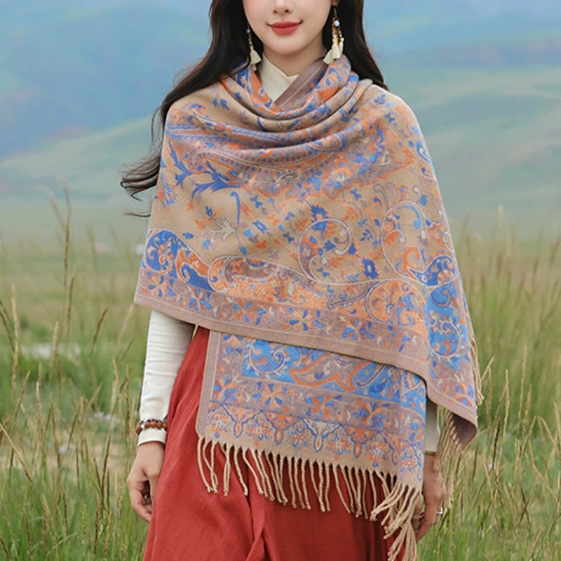 Nimara Ritual Tibetan Cashew Flowers Vine Pattern Tassels Shawl Fall Winter Soft Scarf Wrap