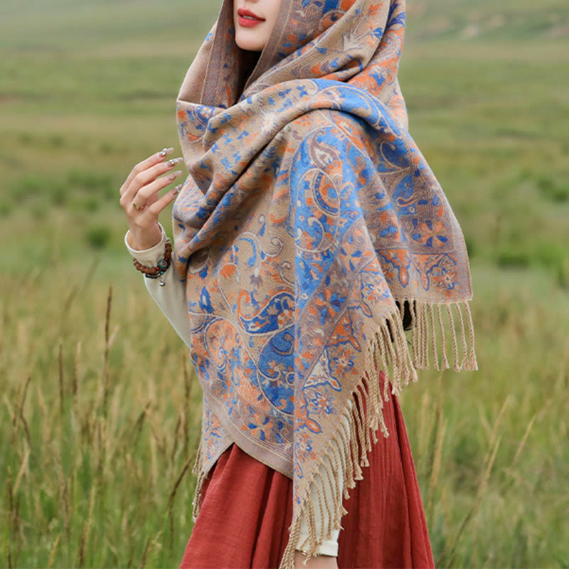 Nimara Ritual Tibetan Cashew Flowers Vine Pattern Tassels Shawl Fall Winter Soft Scarf Wrap