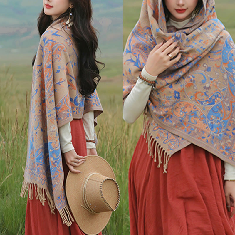 Nimara Ritual Tibetan Cashew Flowers Vine Pattern Tassels Shawl Fall Winter Soft Scarf Wrap