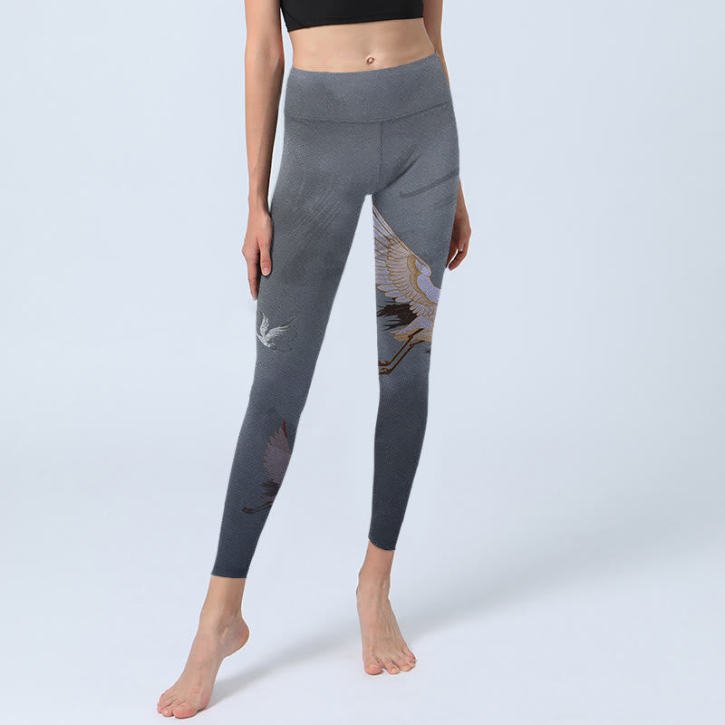 Nimara Ritual Auspicious White Crane Pine Tree Print Gym Leggings Women's Yoga Pants