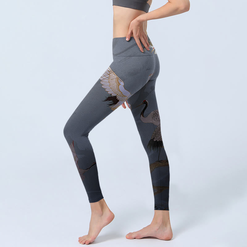 Nimara Ritual Auspicious White Crane Pine Tree Print Gym Leggings Women's Yoga Pants