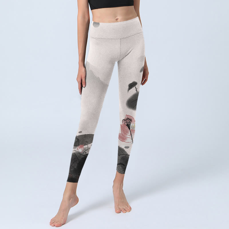 Nimara Ritual Ink Painting Lotus Flower Leaf Print Gym Fitness Leggings Women's Yoga Pants