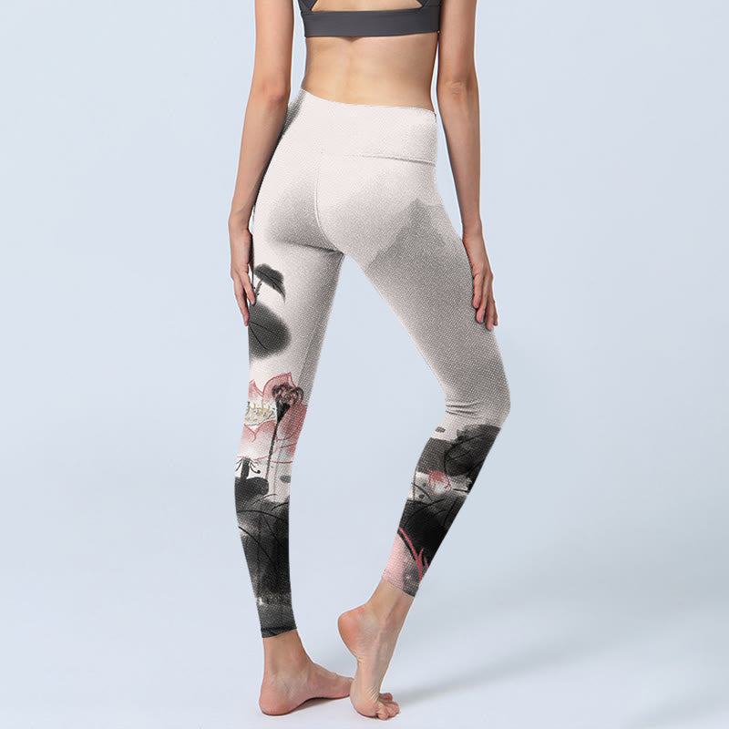 Nimara Ritual Ink Painting Lotus Flower Leaf Print Gym Fitness Leggings Women's Yoga Pants
