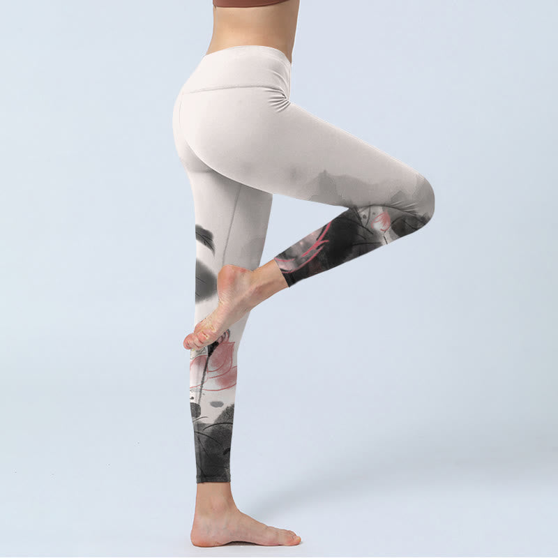 Nimara Ritual Ink Painting Lotus Flower Leaf Print Gym Fitness Leggings Women's Yoga Pants