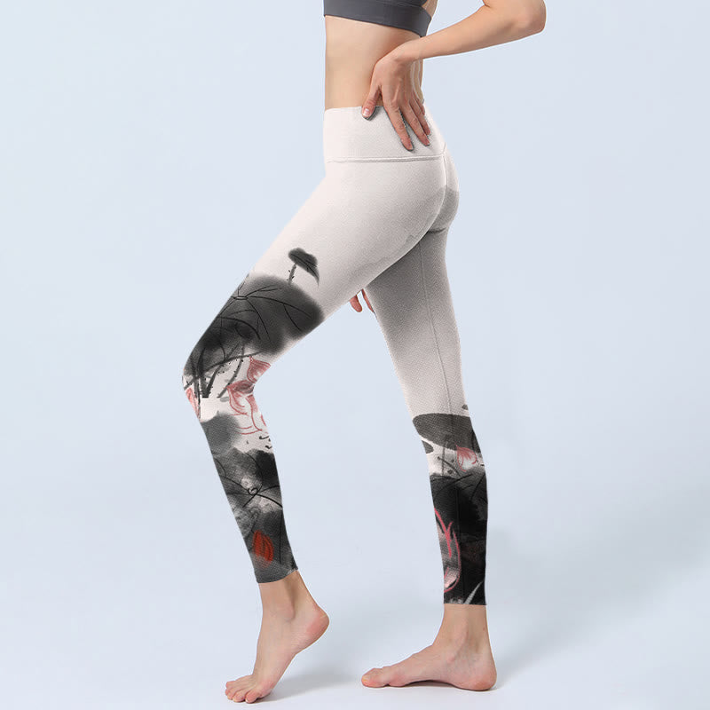 Nimara Ritual Ink Painting Lotus Flower Leaf Print Gym Fitness Leggings Women's Yoga Pants