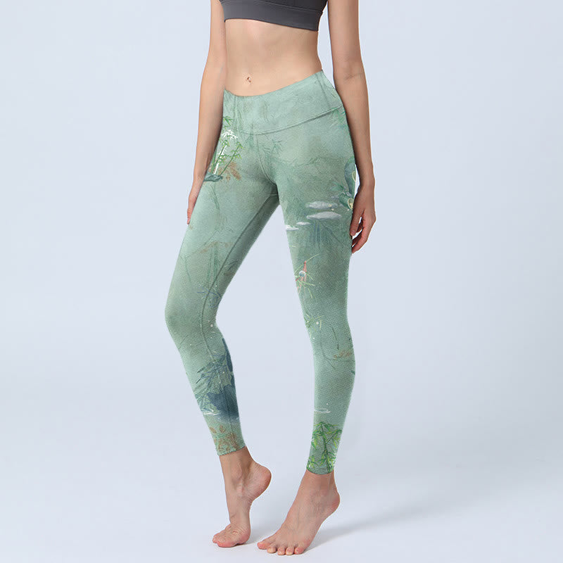 Nimara Ritual Green Bamboo Rocks Print Sports Fitness Leggings Women's Yoga Pants
