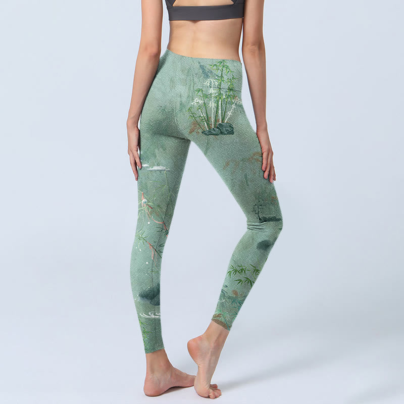 Nimara Ritual Green Bamboo Rocks Print Sports Fitness Leggings Women's Yoga Pants