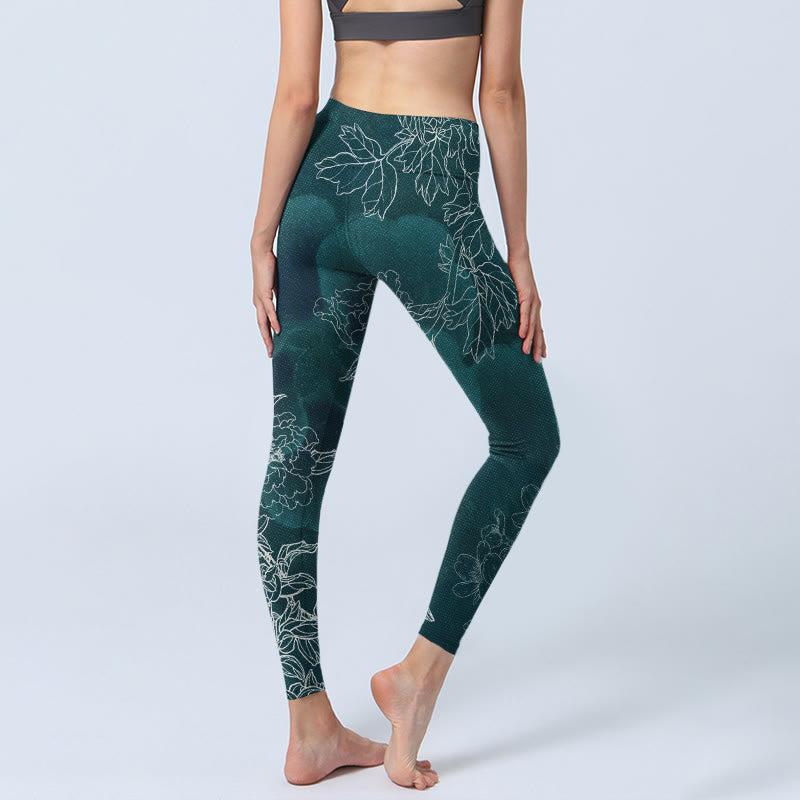 Nimara Ritual Peony Flower Magpie Butterfly Print Gym Fitness Leggings Women's Yoga Pants