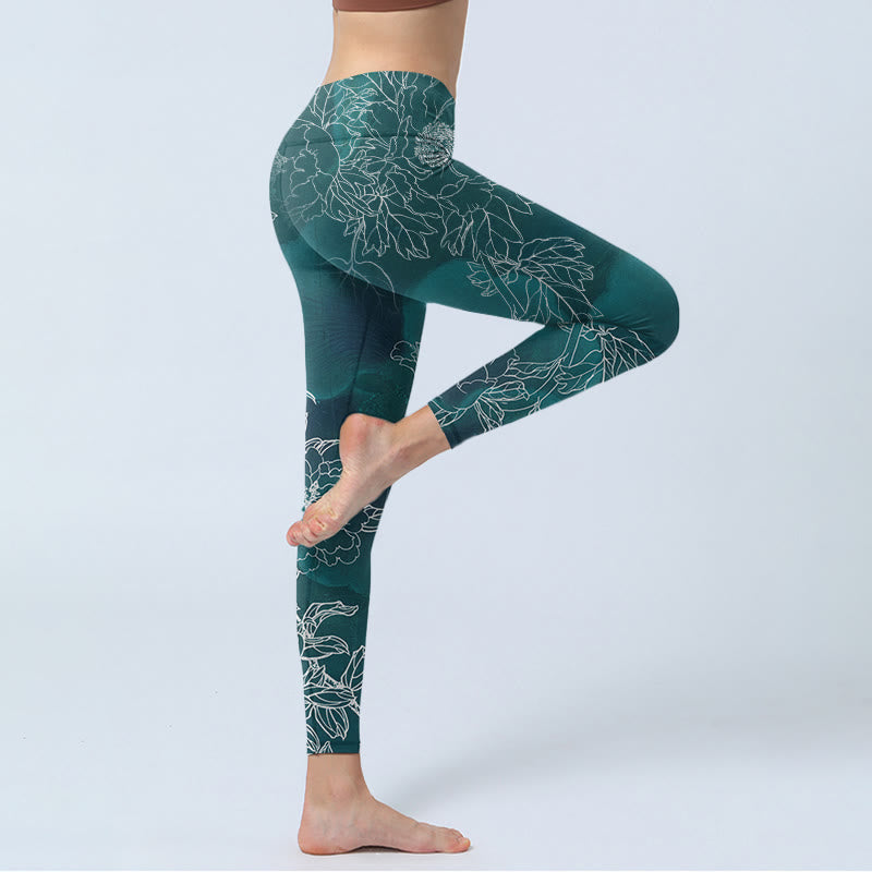 Nimara Ritual Peony Flower Magpie Butterfly Print Gym Fitness Leggings Women's Yoga Pants