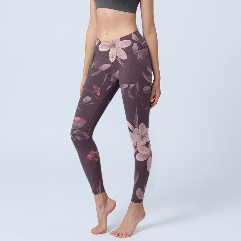 Nimara Ritual Purple White Flowers Leaves Blossom Print Gym Fitness Leggings Women's Yoga Pants
