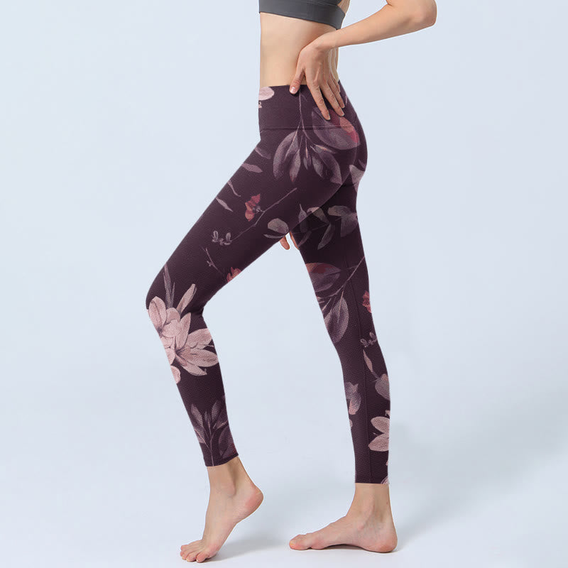Nimara Ritual Purple White Flowers Leaves Blossom Print Gym Fitness Leggings Women's Yoga Pants