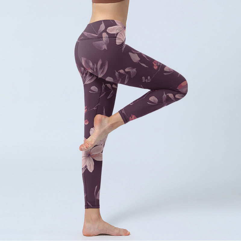 Nimara Ritual Purple White Flowers Leaves Blossom Print Gym Fitness Leggings Women's Yoga Pants