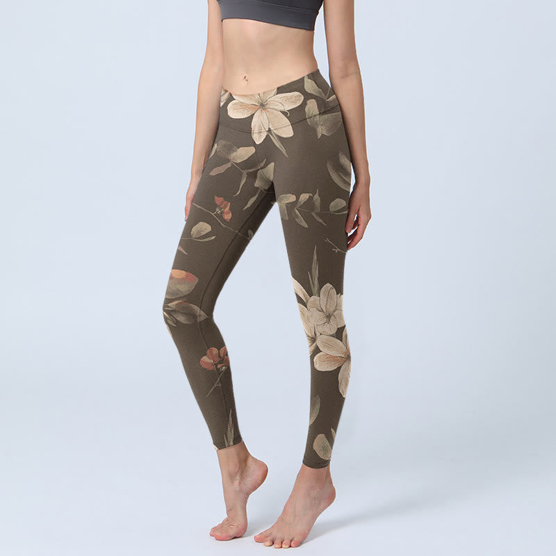 Nimara Ritual Purple White Flowers Leaves Blossom Print Gym Fitness Leggings Women's Yoga Pants