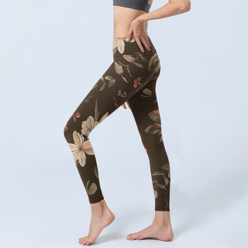 Nimara Ritual Purple White Flowers Leaves Blossom Print Gym Fitness Leggings Women's Yoga Pants