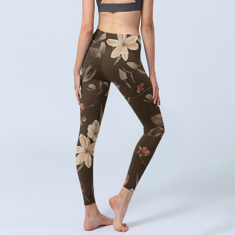 Nimara Ritual Purple White Flowers Leaves Blossom Print Gym Fitness Leggings Women's Yoga Pants