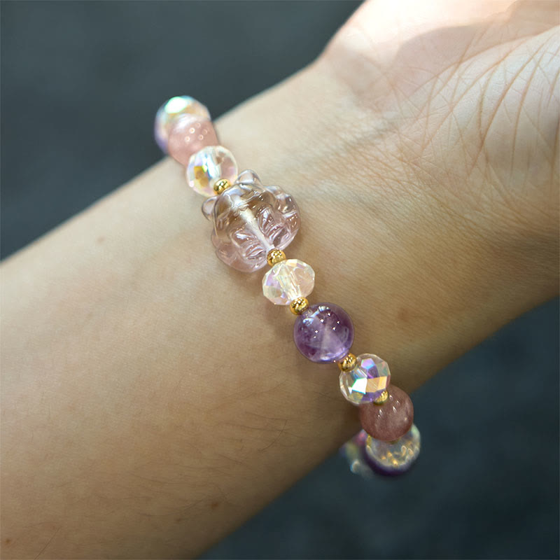 Nimara Ritual Amethyst Strawberry Quartz White Crystal Nine Tailed Fox Meditation Bracelet