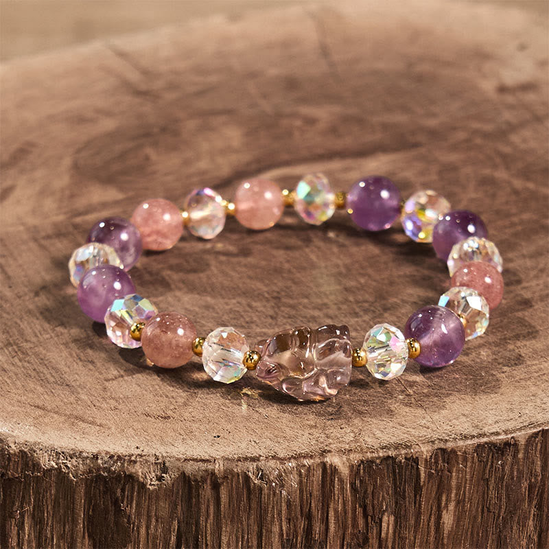 Nimara Ritual Amethyst Strawberry Quartz White Crystal Nine Tailed Fox Meditation Bracelet
