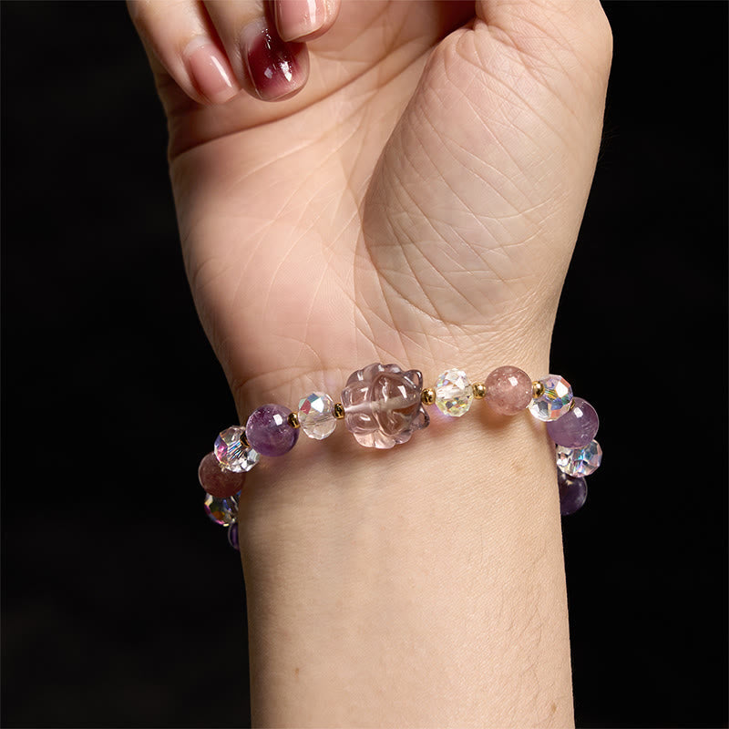 Nimara Ritual Amethyst Strawberry Quartz White Crystal Nine Tailed Fox Meditation Bracelet