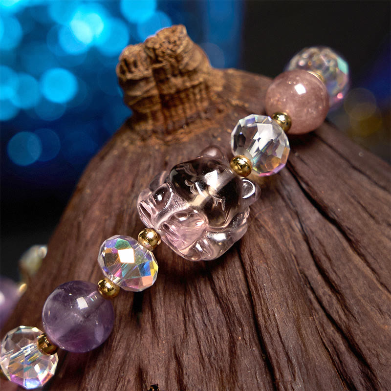 Nimara Ritual Amethyst Strawberry Quartz White Crystal Nine Tailed Fox Meditation Bracelet