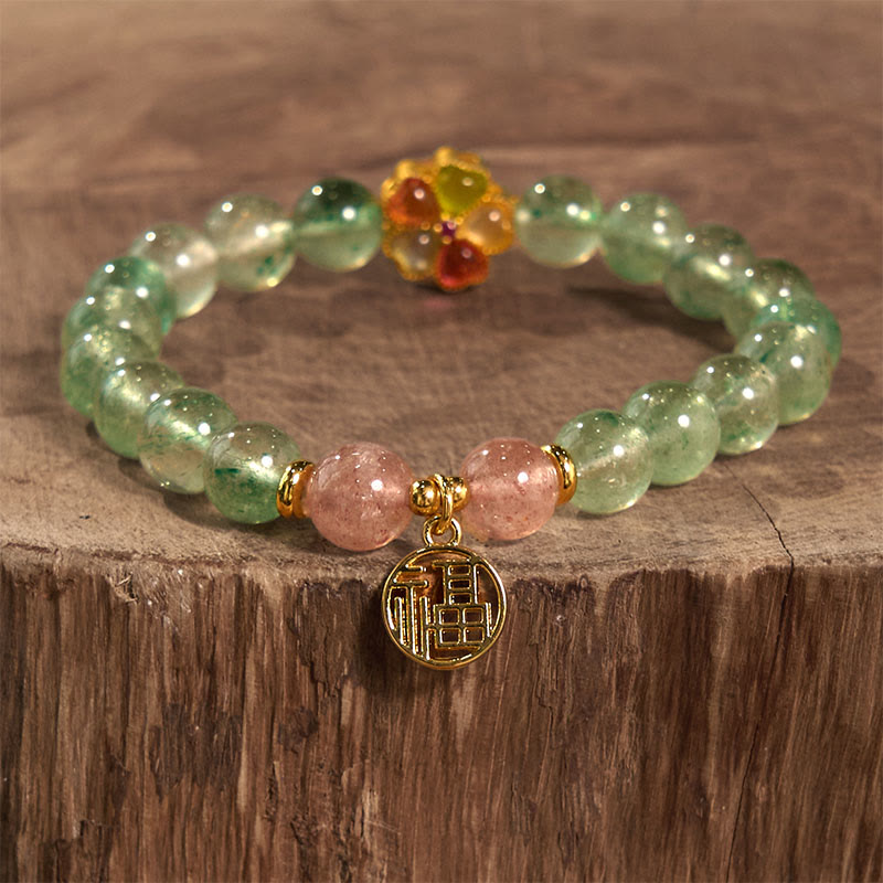 Nimara Ritual Natural Green Strawberry Quartz Soothing Fu Character Bracelet