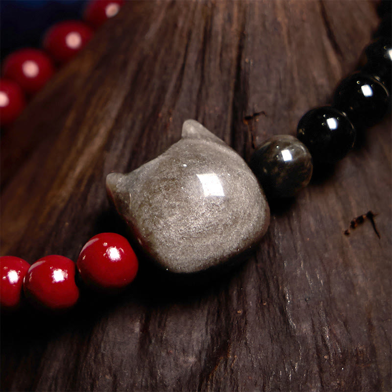 Nimara Ritual Black Obsidian Cinnabar Silver Sheen Obsidian Cat Fulfilment Bracelet