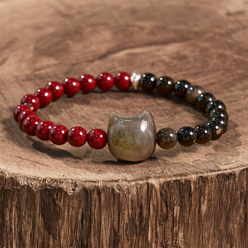 Nimara Ritual Black Obsidian Cinnabar Silver Sheen Obsidian Cat Fulfilment Bracelet