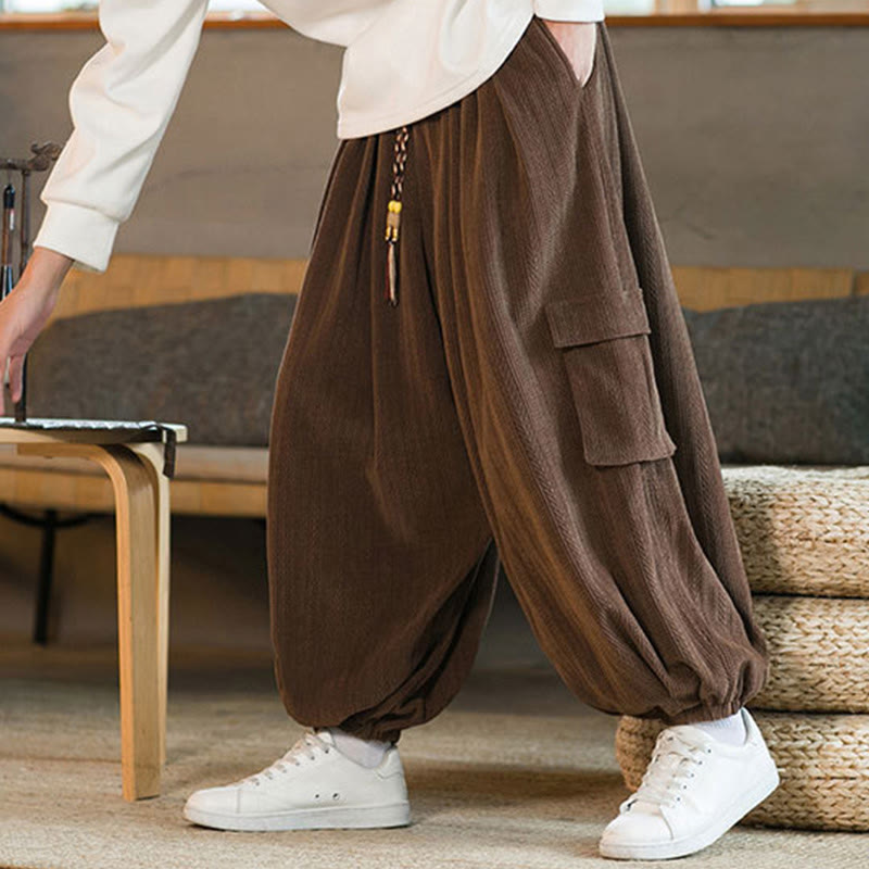 Nimara Ritual Fall Winter Men's Drawstring Chenille Corduroy Cargo Pants With Pockets