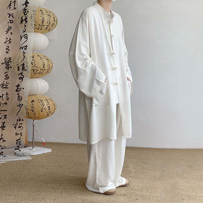 Nimara Ritual 2Pcs Men's Long Sleeve Frog-Button Shirt Pants Meditation Zen Cotton Clothing Set