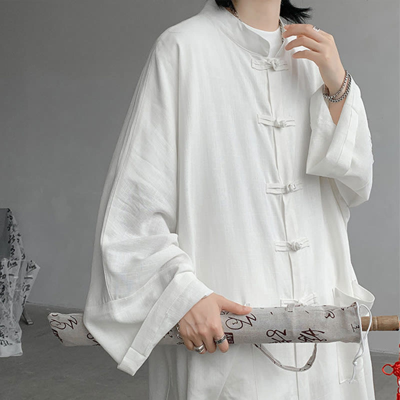 Nimara Ritual 2Pcs Men's Long Sleeve Frog-Button Shirt Pants Meditation Zen Cotton Clothing Set