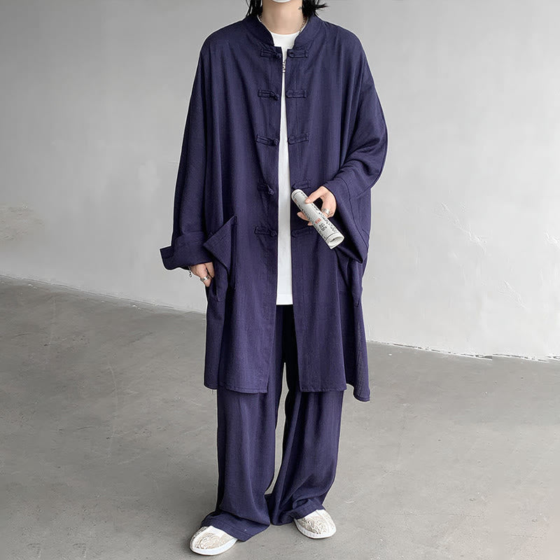 Nimara Ritual 2Pcs Men's Long Sleeve Frog-Button Shirt Pants Meditation Zen Cotton Clothing Set