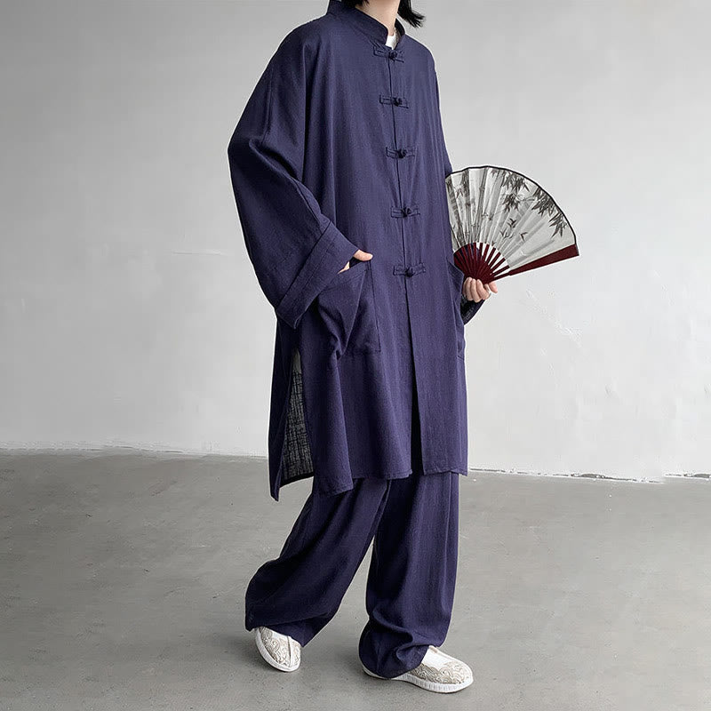 Nimara Ritual 2Pcs Men's Long Sleeve Frog-Button Shirt Pants Meditation Zen Cotton Clothing Set