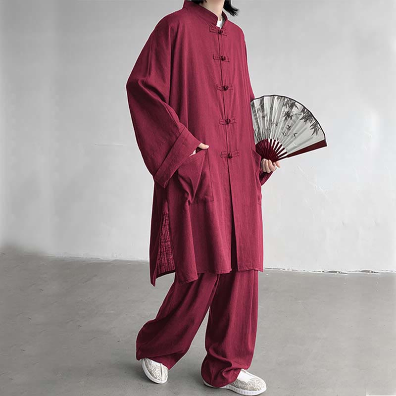 Nimara Ritual 2Pcs Men's Long Sleeve Frog-Button Shirt Pants Meditation Zen Cotton Clothing Set