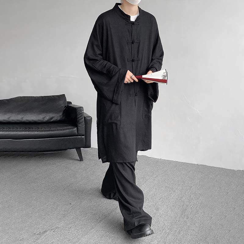 Nimara Ritual 2Pcs Men's Long Sleeve Frog-Button Shirt Pants Meditation Zen Cotton Clothing Set