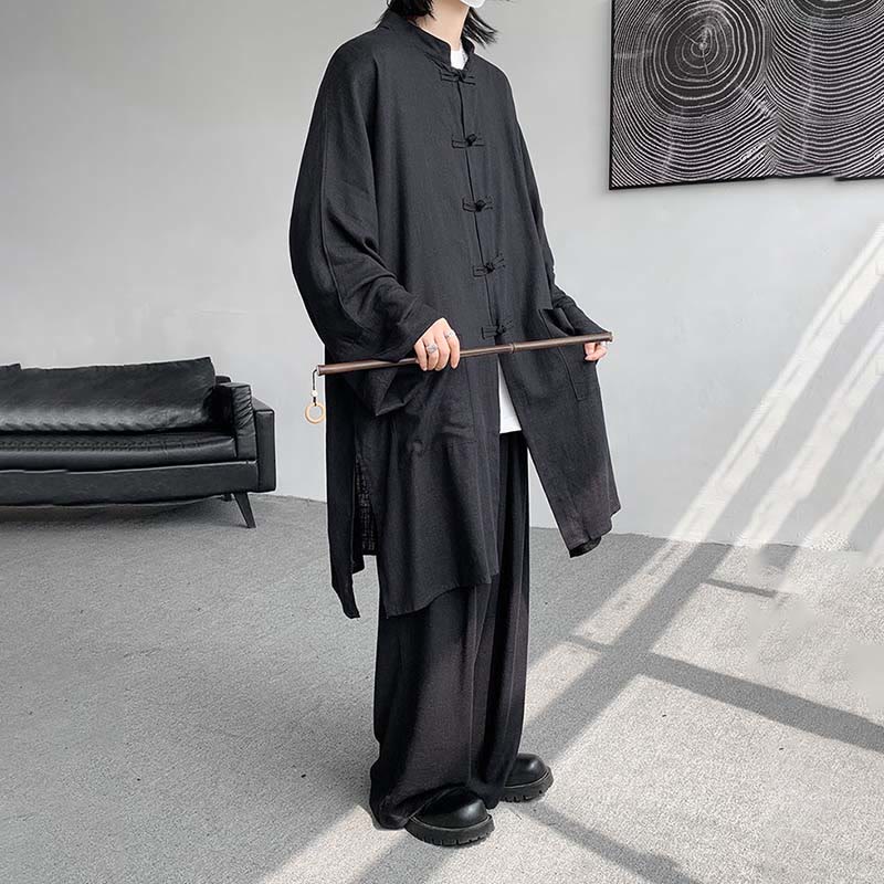 Nimara Ritual 2Pcs Men's Long Sleeve Frog-Button Shirt Pants Meditation Zen Cotton Clothing Set