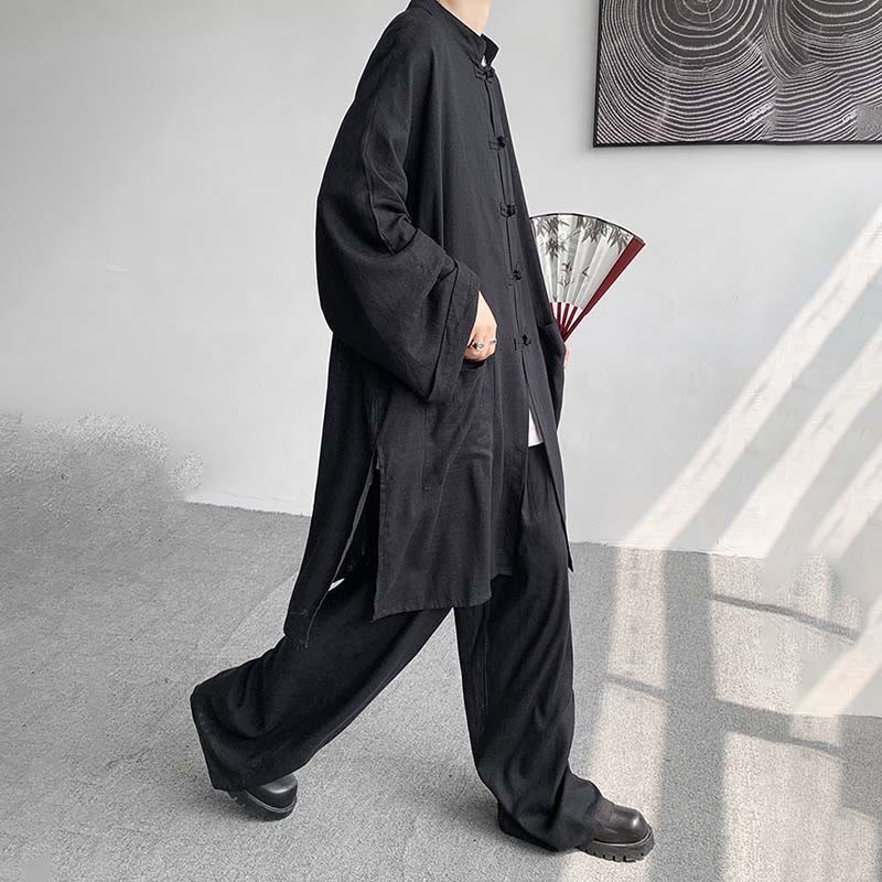 Nimara Ritual 2Pcs Men's Long Sleeve Frog-Button Shirt Pants Meditation Zen Cotton Clothing Set