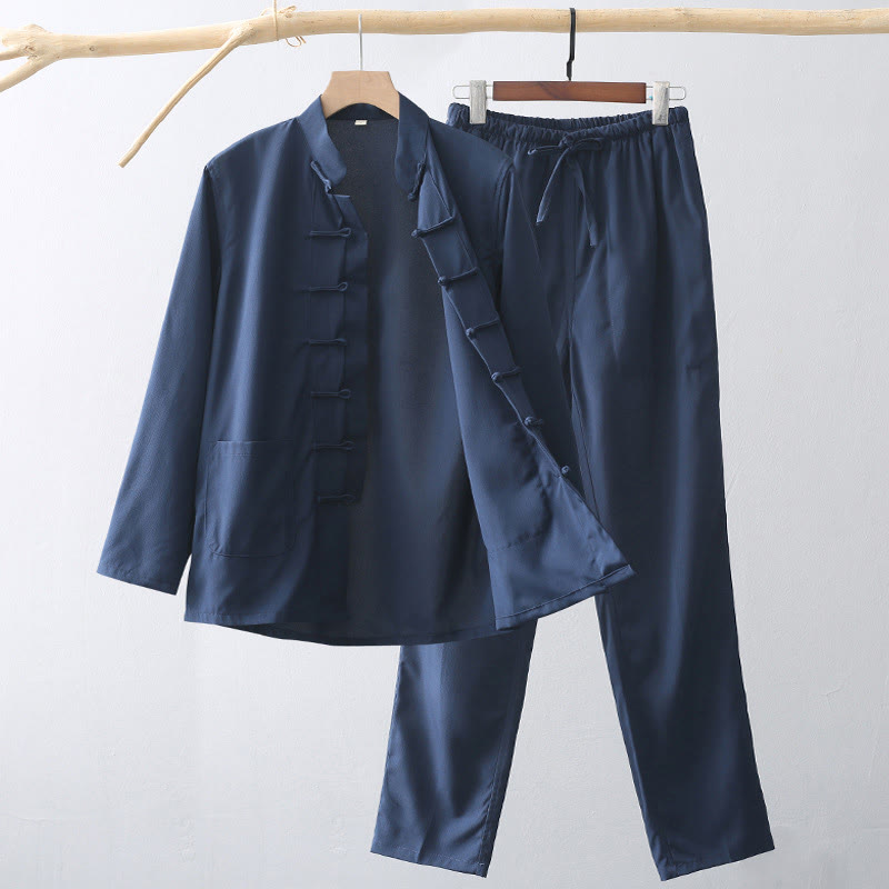 Nimara Ritual 2Pcs Tang Suit Traditional Frog-Button Men's Long Sleeve Shirt Pants Clothing Set