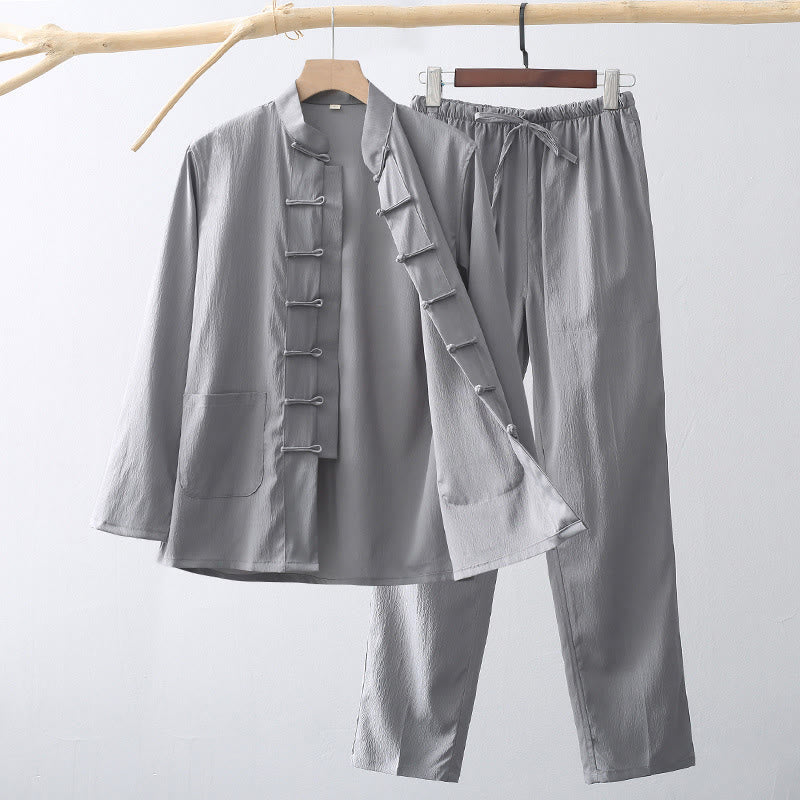 Nimara Ritual 2Pcs Tang Suit Traditional Frog-Button Men's Long Sleeve Shirt Pants Clothing Set