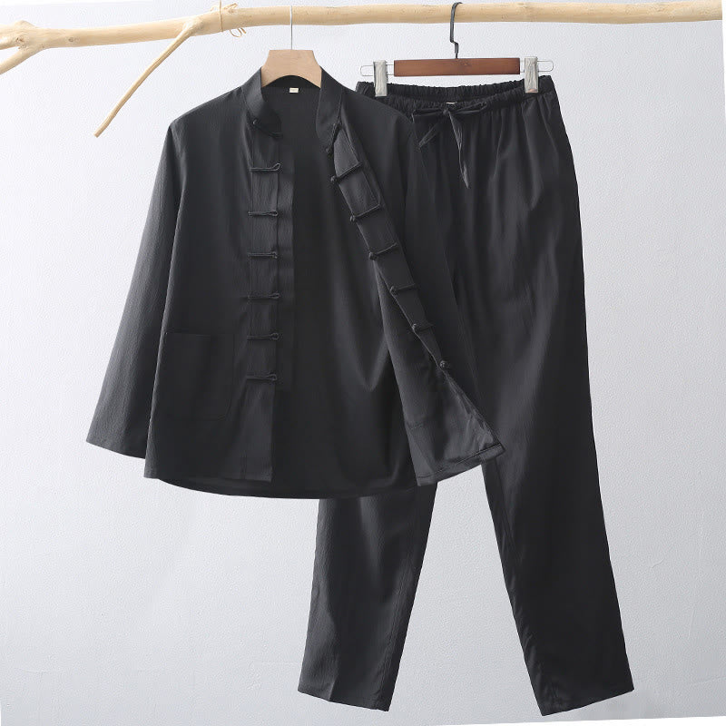 Nimara Ritual 2Pcs Tang Suit Traditional Frog-Button Men's Long Sleeve Shirt Pants Clothing Set
