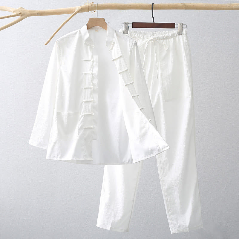 Nimara Ritual 2Pcs Tang Suit Traditional Frog-Button Men's Long Sleeve Shirt Pants Clothing Set