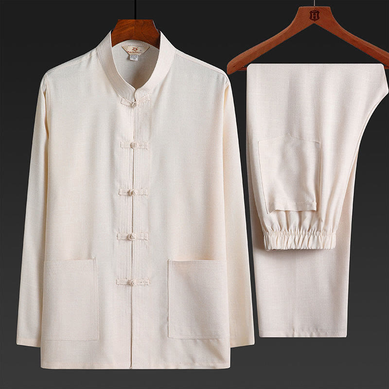 Nimara Ritual 2Pcs Tang Suit Plain Color Frog-Button Men's Long Sleeve Shirt Pants Set