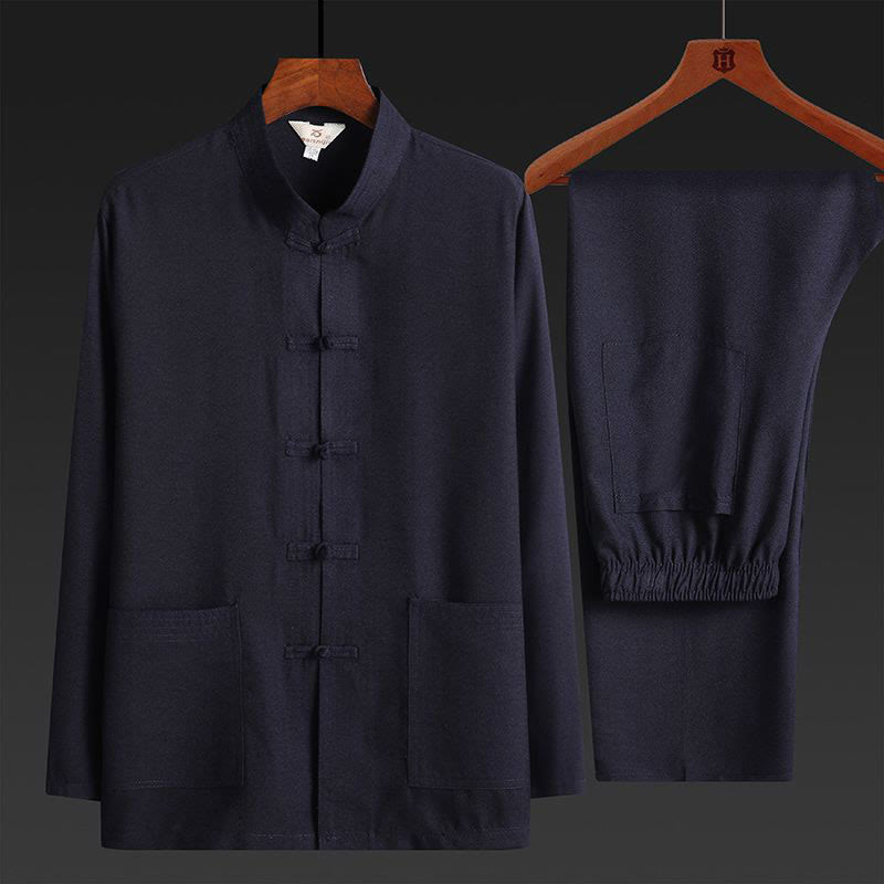 Nimara Ritual 2Pcs Tang Suit Plain Color Frog-Button Men's Long Sleeve Shirt Pants Set