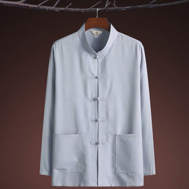 Nimara Ritual 2Pcs Tang Suit Plain Color Frog-Button Men's Long Sleeve Shirt Pants Set