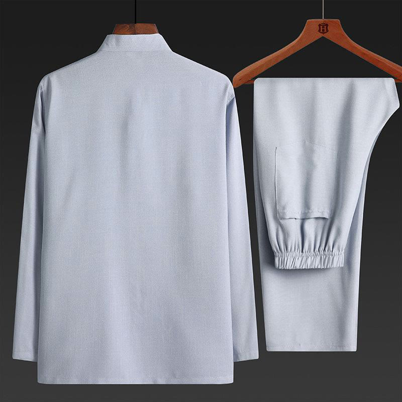Nimara Ritual 2Pcs Tang Suit Plain Color Frog-Button Men's Long Sleeve Shirt Pants Set