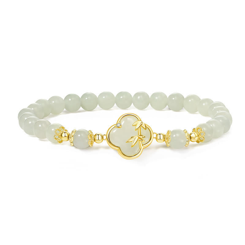 Nimara Ritual Hetian Jade 925 Sterling Silver Four Leaf Clover Bamboo Luck Bracelet