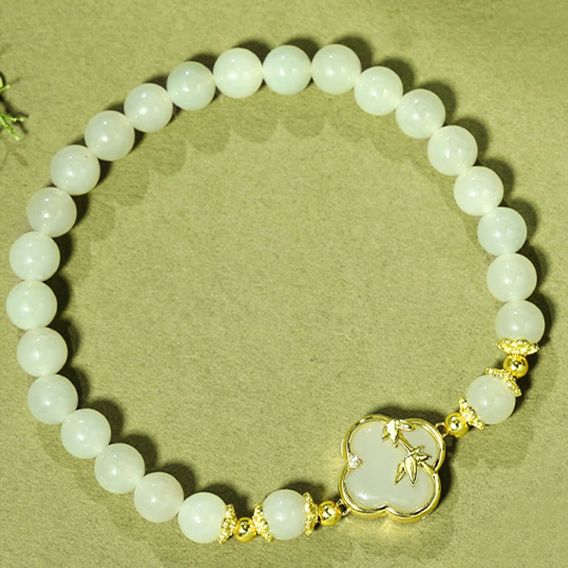 Nimara Ritual Hetian Jade 925 Sterling Silver Four Leaf Clover Bamboo Luck Bracelet